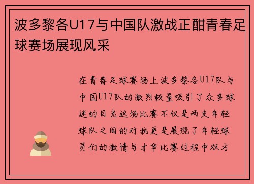 波多黎各U17与中国队激战正酣青春足球赛场展现风采